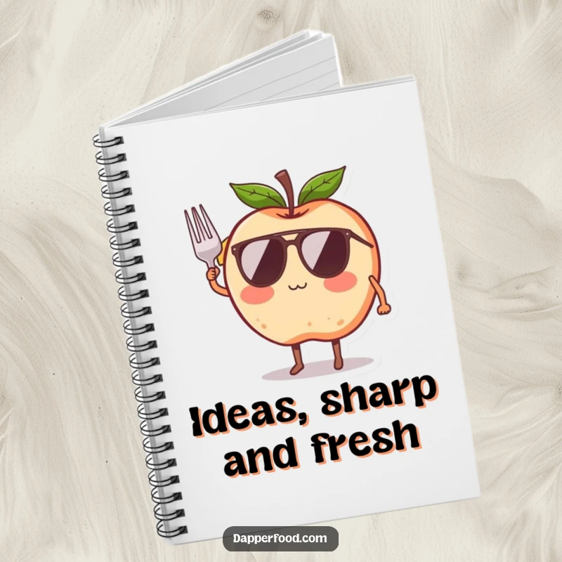 Funny notebook with a blushing apple character wearing sunglasses and holding a tiny fork to salute, ideal for jotting down cool thoughts.