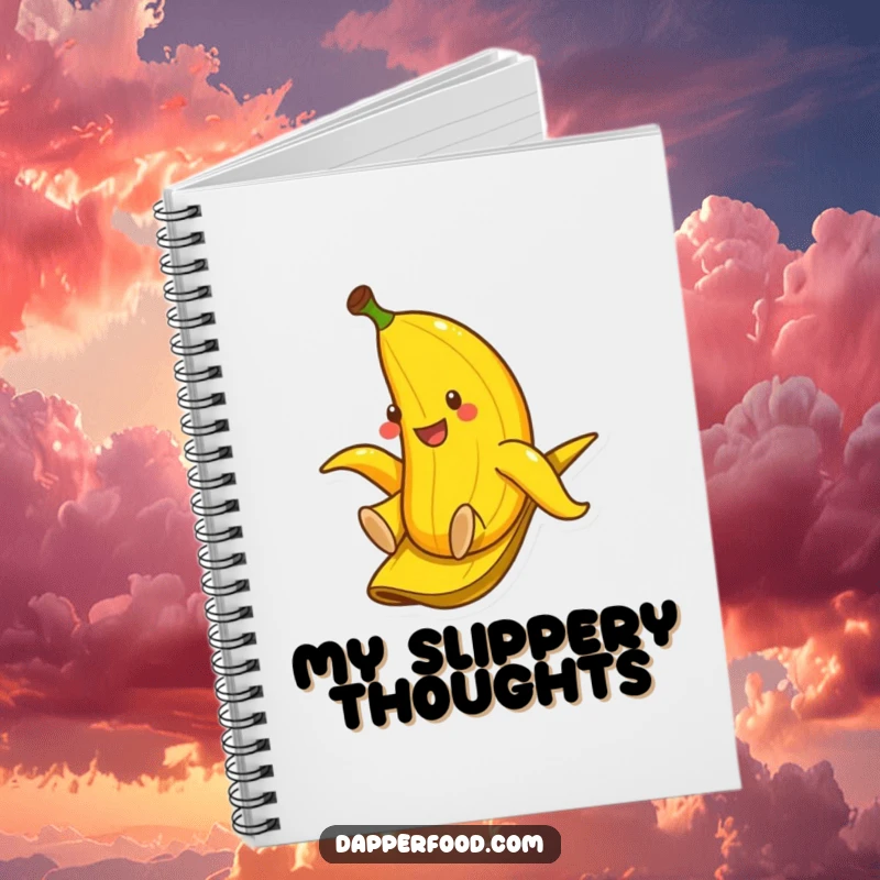 Funny notebook with a smiling banana sliding down a banana peel, perfect for jotting down funny ideas and notes.