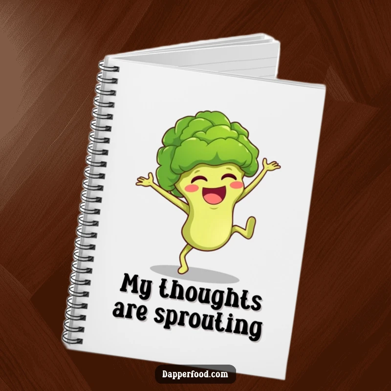 Funny broccoli character captured mid-cartwheel on a notebook cover, inviting humorous thoughts and creative writing.