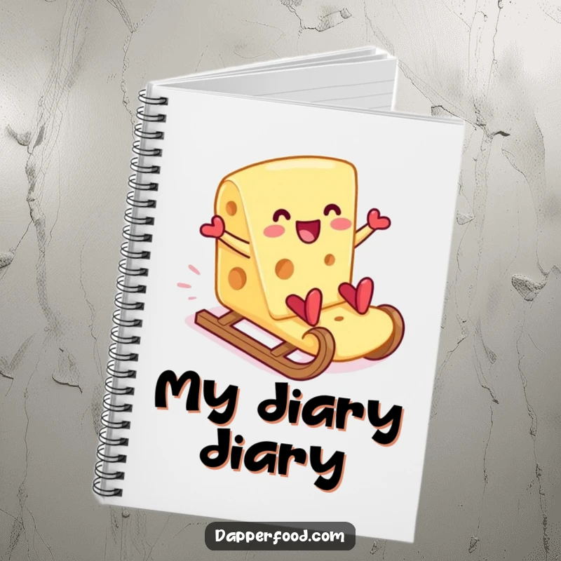 Funny cheese slice cracker slide notebook, featuring a delighted cheese character ready for your notes. A unique funny gift.