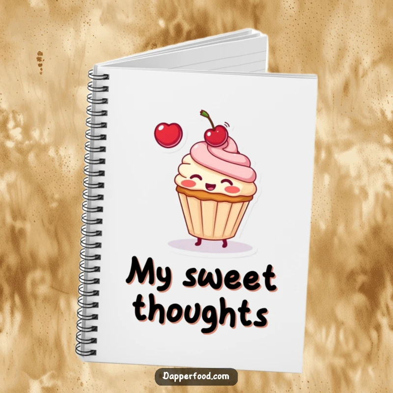 Funny notebook cover showcasing a blushing cupcake character playfully tossing a cherry, inspiring sweet ideas.