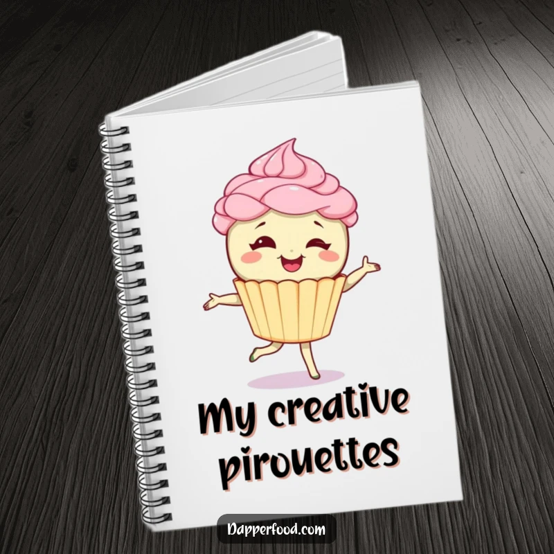 Funny notebook featuring a giggling cupcake character with frosting hair, doing a pirouette, designed for fun note-taking and creative planning. Excellent funny gift.