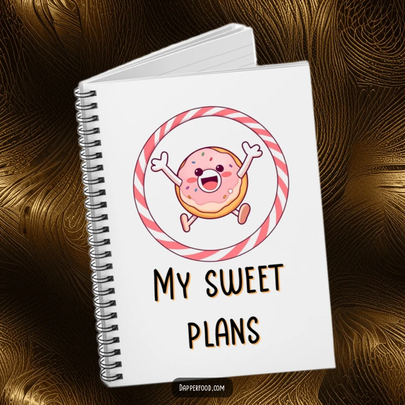Funny notebook with a gleeful donut jumping through a licorice hoop, perfect for capturing sweet thoughts and ideas.