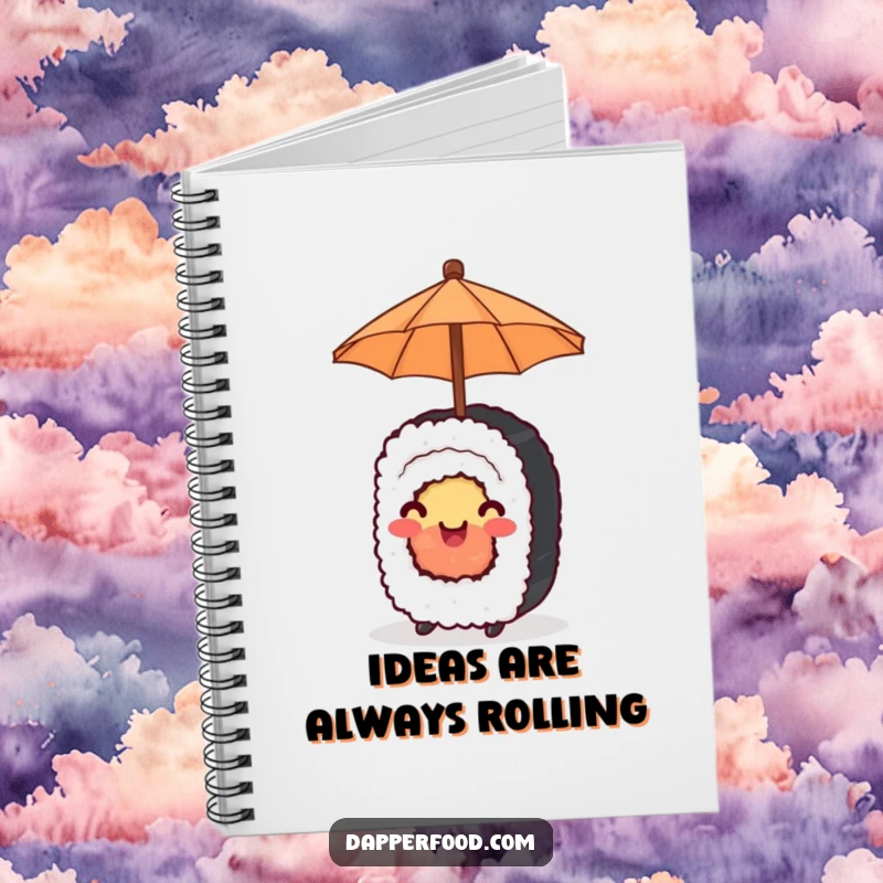 Funny Notebook with a happy sushi roll balancing a tiny umbrella, ideal for jotting down happy thoughts.