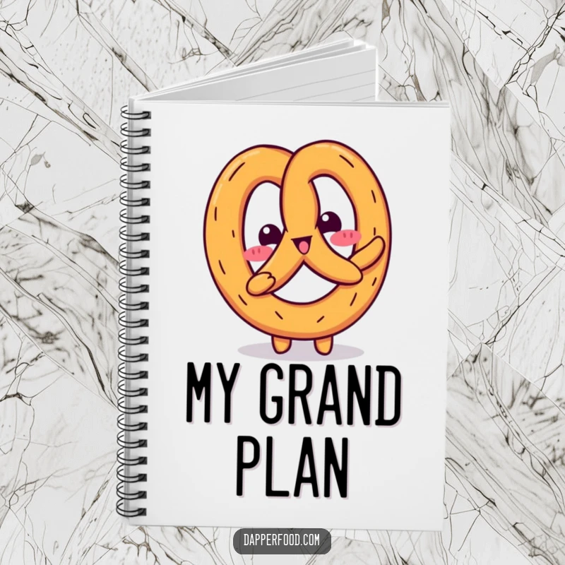 Funny Kawaii pretzel character wiggling energetically on a notebook cover, inspiring creative and humorous note-taking.