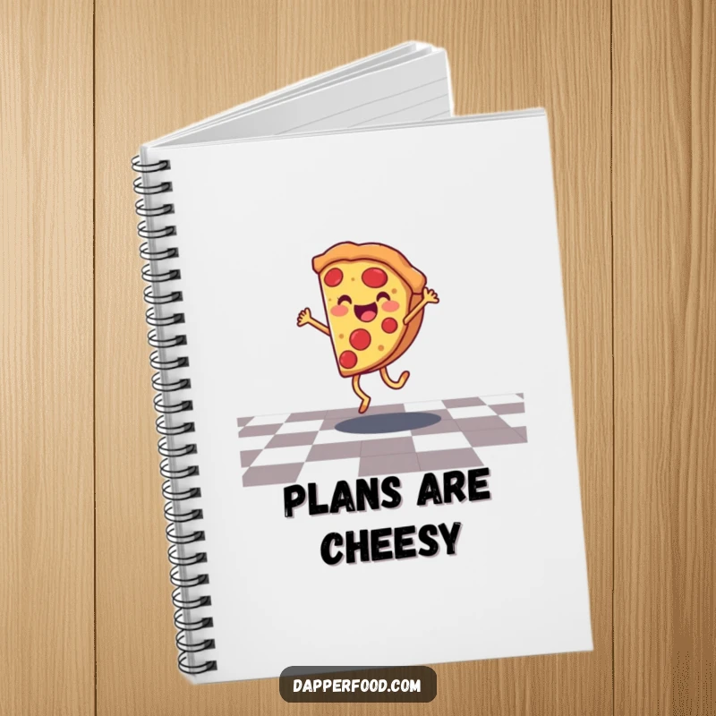 Funny pizza notebook with a smiling character doing a cartwheel, designed for jotting down creative ideas.