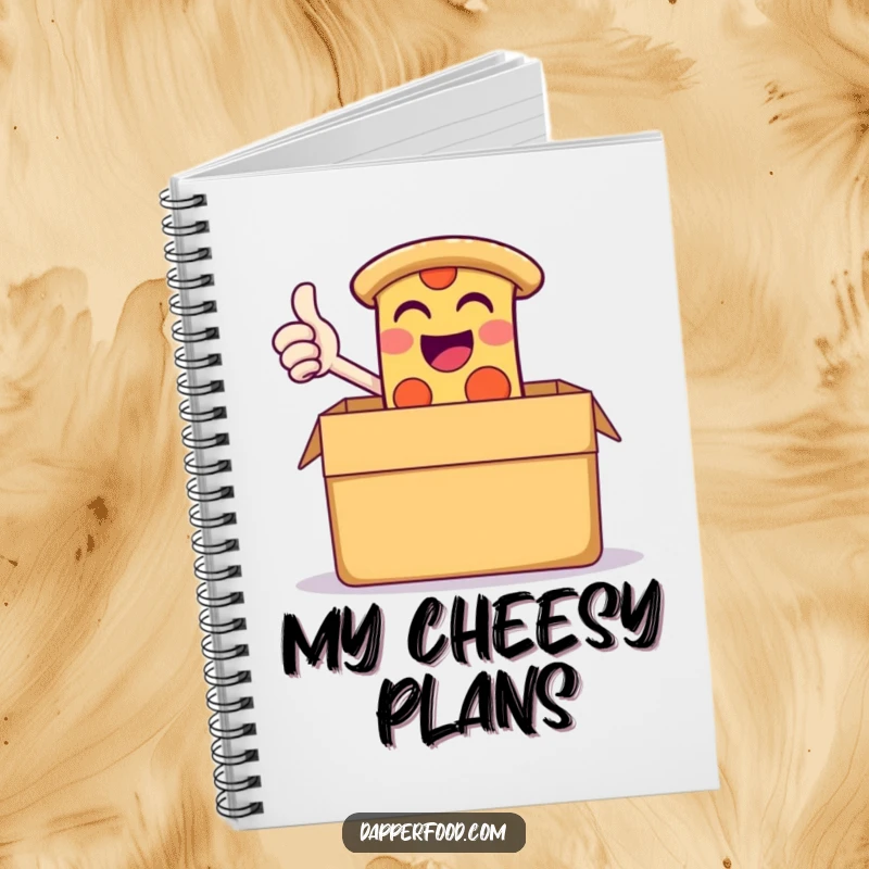 Funny notebook with a giggling slice of pizza giving a thumbs-up from a giant box, perfect for jotting down tasty ideas.