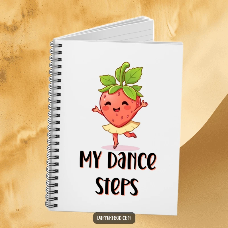 Funny anthropomorphic strawberry character performing a ballet twirl with its leaves on a notebook, for creative minds.