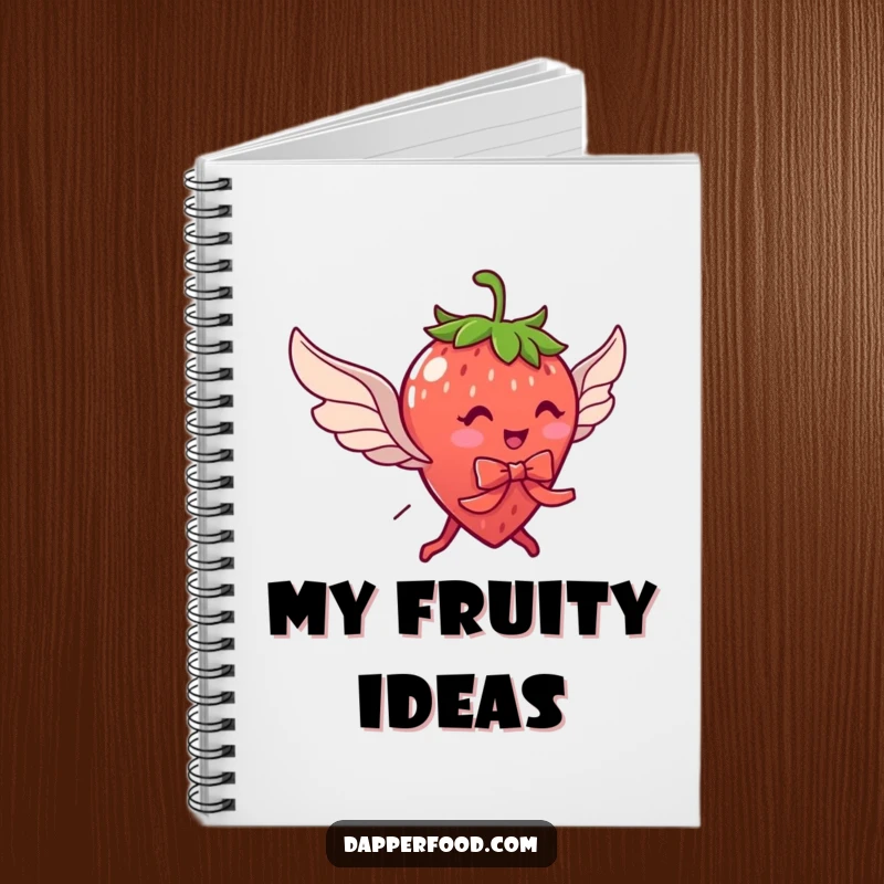 Funny notebook with a delightful strawberry character with legs and wings, comically trying to fly with a ribbon, for note-taking.