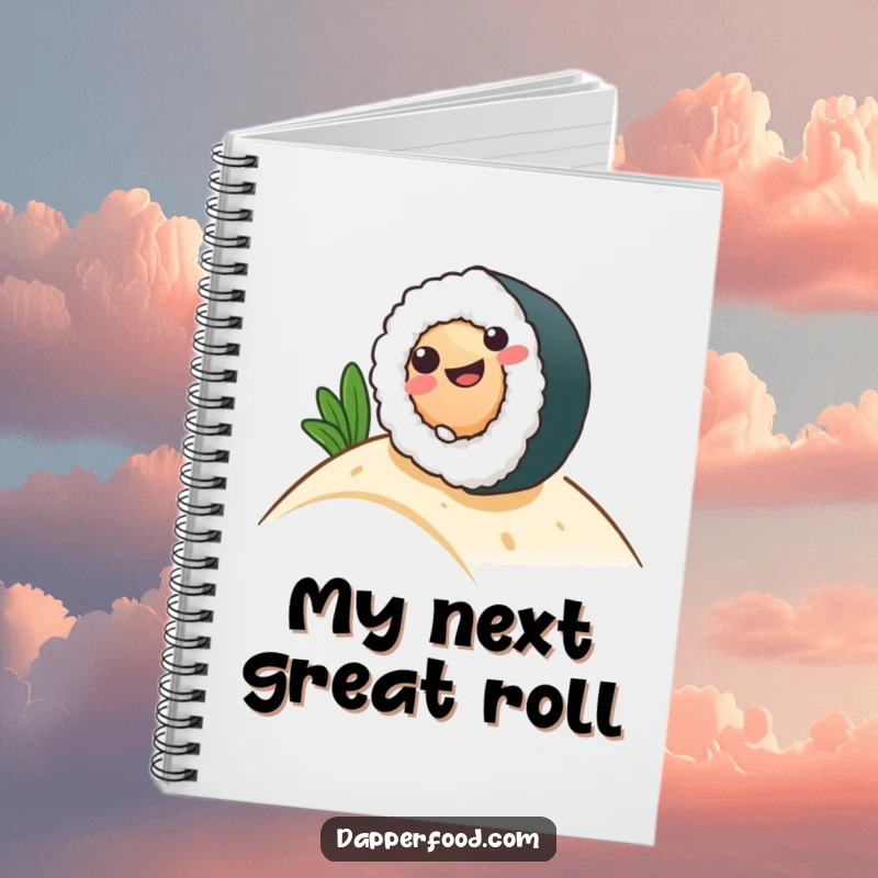 Funny Notebook with a smiling sushi roll character rolling down a hill, ready to capture all your notes.