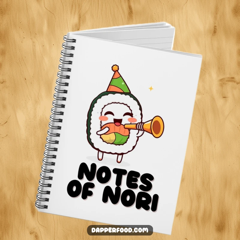 Funny sushi roll character notebook, wearing a party hat, playing a miniature trumpet, perfect for jotting down festive and musical ideas.