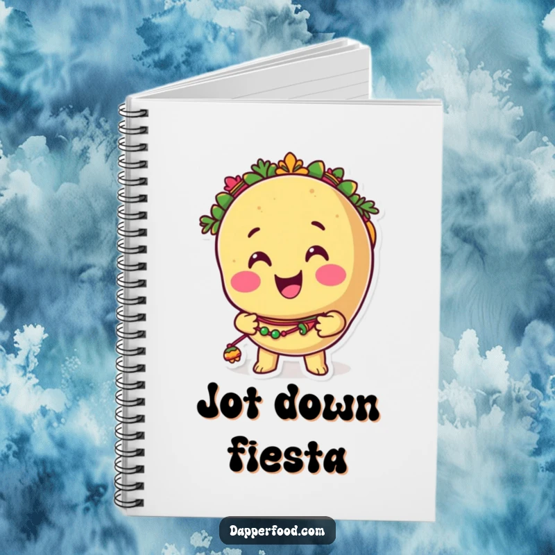 Funny taco notebook with a smiling anthropomorphic taco character shaking colorful maracas, perfect for jotting down notes with a festive flair.