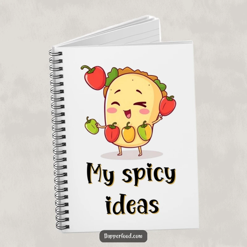 Funny notebook cover depicting a winking taco character juggling three small bell peppers, inspiring creative and delicious ideas.