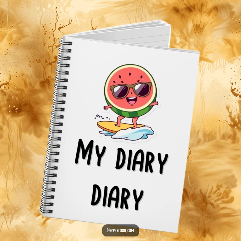 Funny watermelon surfer notebook, featuring a cool slice with shades surfing, ready for your notes. A unique funny gift.