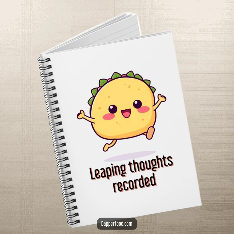 Funny Kawaii taco notebook featuring a cute taco character with tiny legs leaping across the cover.