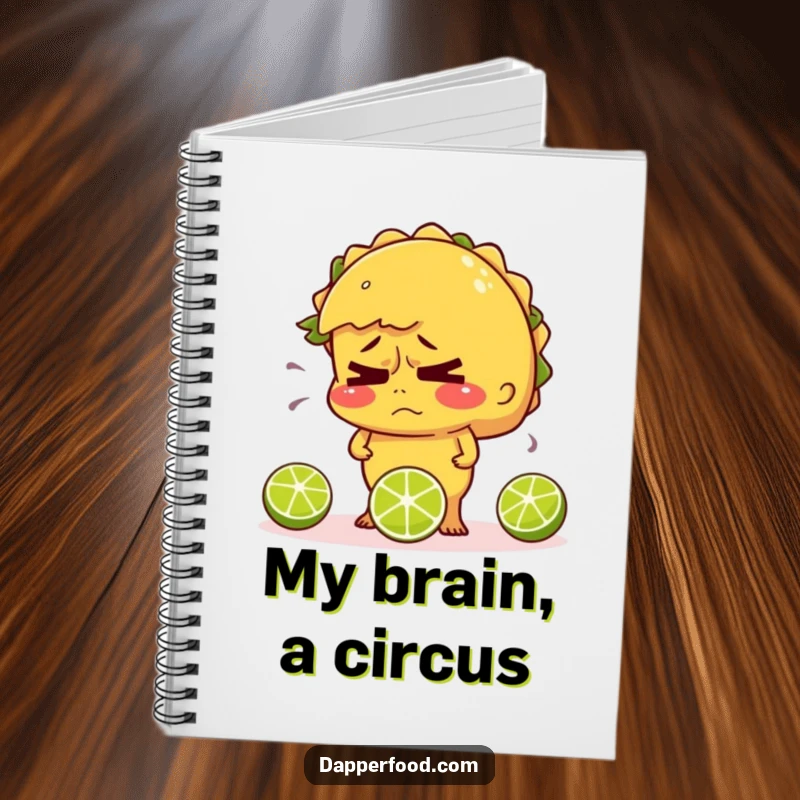 Funny notebook with a nervous taco sweating and juggling limes, perfect for jotting down chaotic thoughts.