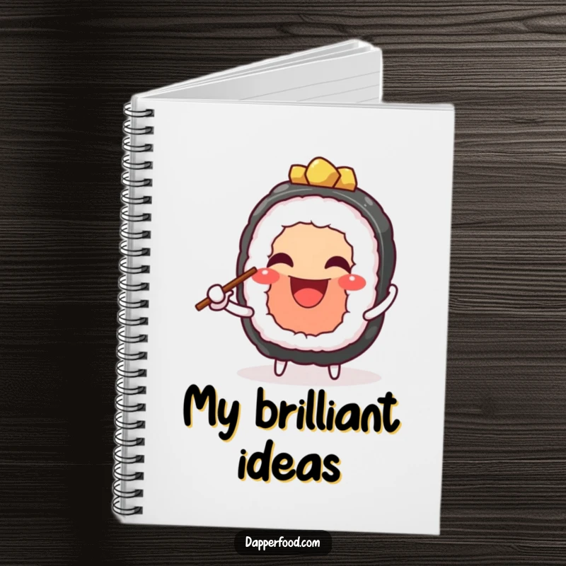 Funny notebook featuring a cheerful sushi character juggling chopsticks, designed for fun note-taking and creative journaling. Excellent funny gift.