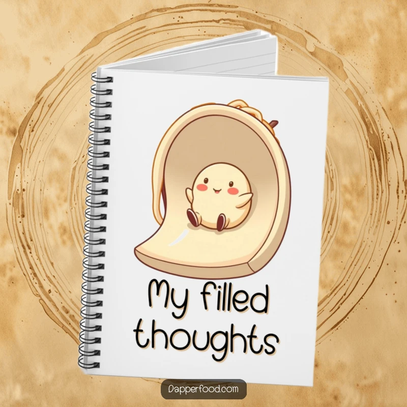 Funny dumpling character on a noodle slide, featured on a notebook cover for humorous note-taking and creative ideas.