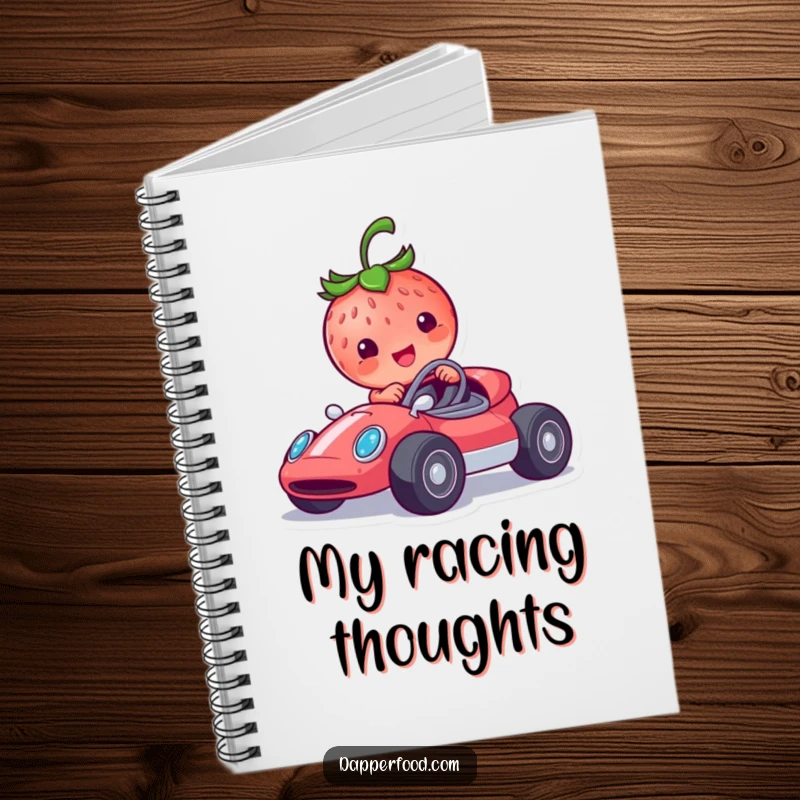 Funny strawberry notebook featuring a smiling character in a tiny race car, perfect for humorous and speedy note-taking.