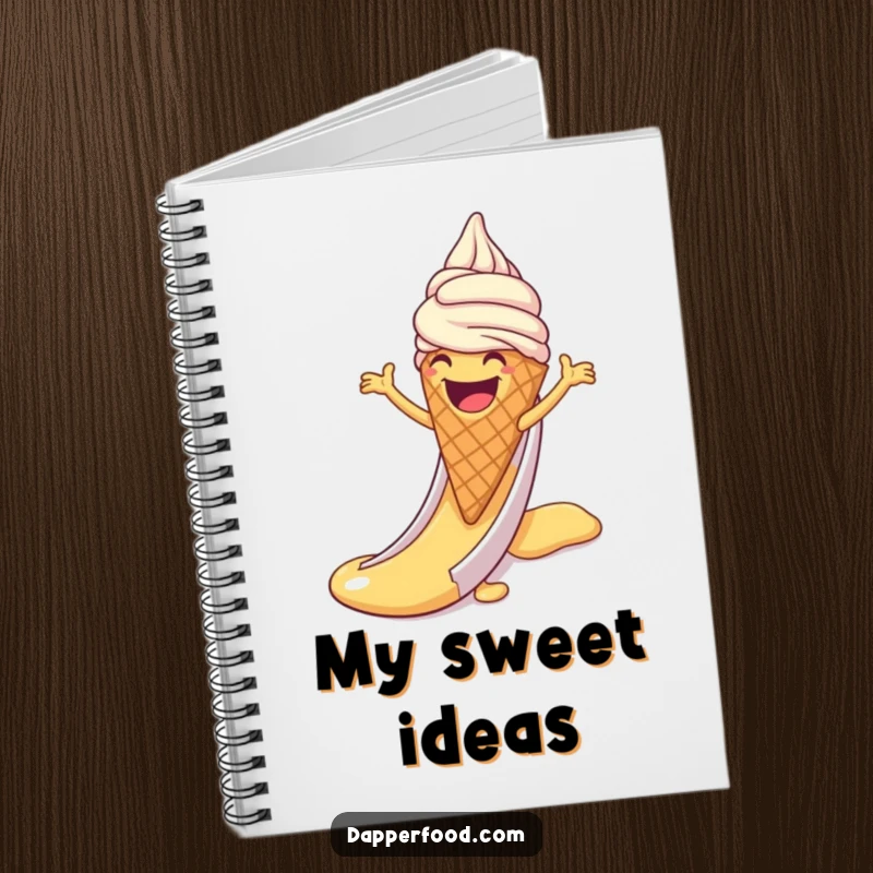 Funny notebook cover with a laughing ice cream cone with arms sliding down a syrup slide, representing sweet indulgence and fun.
