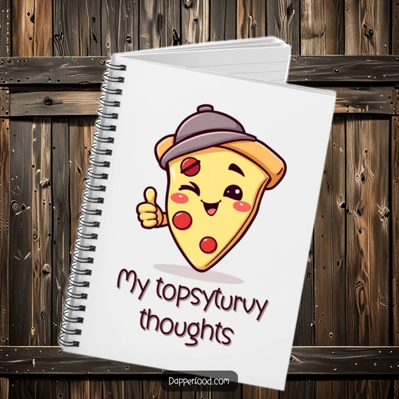 Funny notebook featuring a winking pizza slice character in a jaunty hat, attempting a handstand, designed for fun note-taking and creative planning. Excellent funny gift.