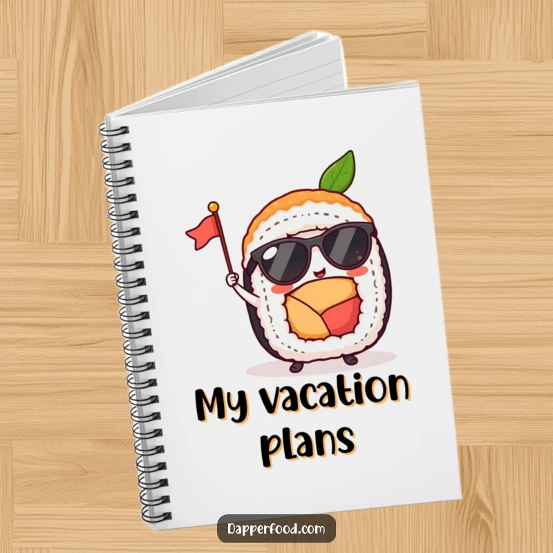 Funny sushi roll character with tiny sunglasses and a flag on a notebook, perfect for jotting down humorous ideas.
