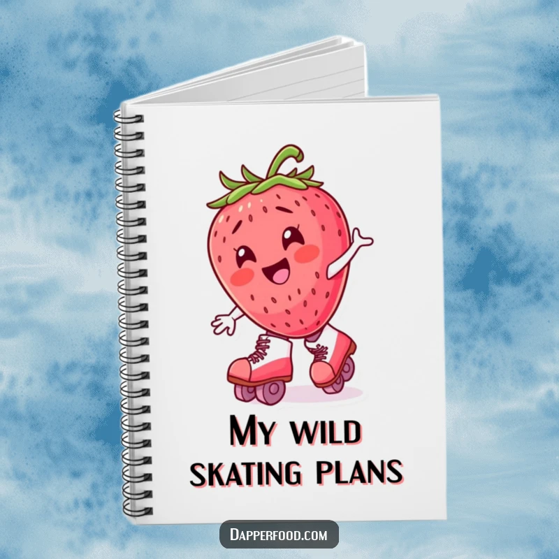 Funny strawberry character wobbling on roller skates, depicted on the cover of a humorous notebook.