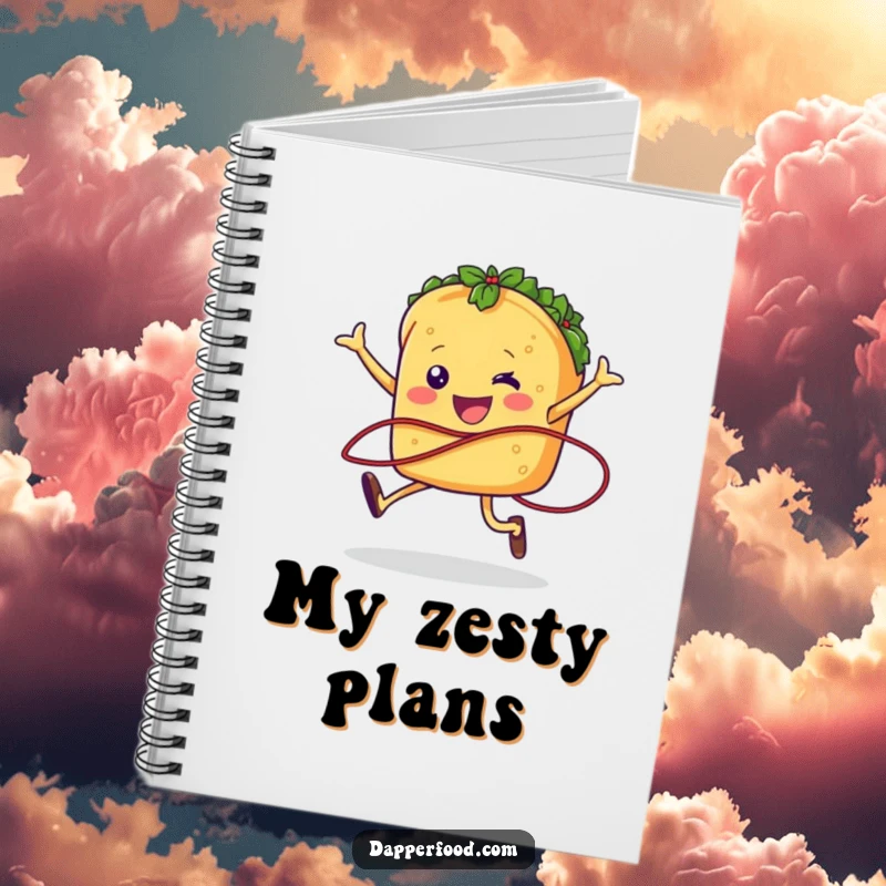 Funny taco character jumping rope on a notebook cover, encouraging energetic and humorous writing.