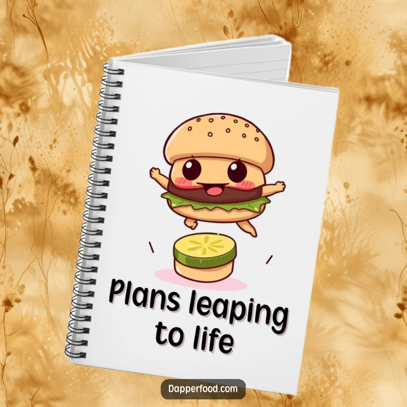 Funny notebook with a burger patty leaping over a pickle slice, perfect for jotting down ambitious plans.