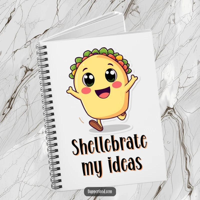 Funny notebook with a happy taco character cartwheeling, designed to inspire joyful note-taking and creative writing. An excellent funny gift.