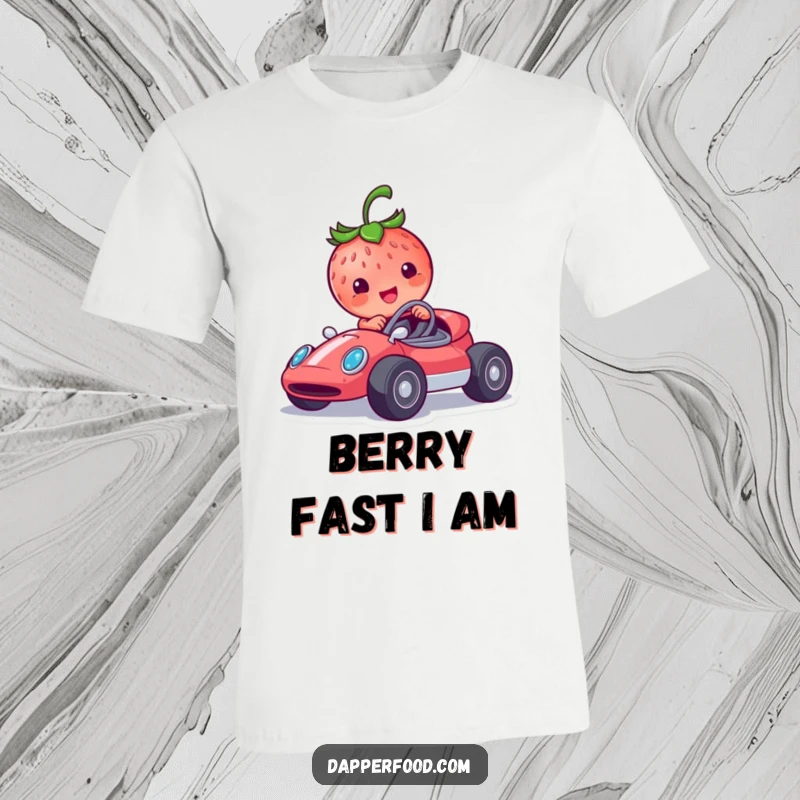 Funny t-shirt featuring a smiling anthropomorphic strawberry character racing a tiny, speedy race car, full of zest.