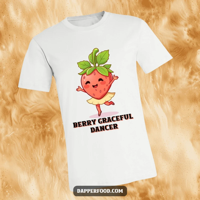 A happy strawberry character performs a ballet twirl with its leaves, captured on this funny t-shirt.