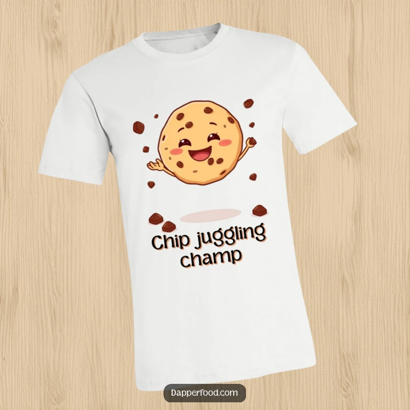 Funny t-shirt depicting a grinning cookie skillfully juggling small chocolate chips while maintaining perfect balance.