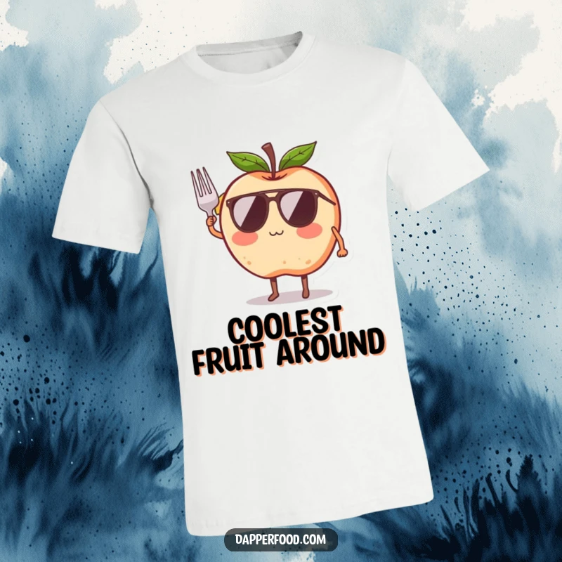 Funny t-shirt featuring a blushing apple character in cool sunglasses, giving a confident salute with a tiny fork, conveying pure chill.