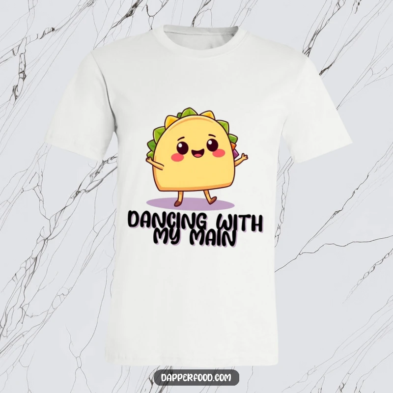 Funny T-Shirt: A cheerful taco with legs performs a lively salsa dance with a smiling burrito partner, full of food energy.