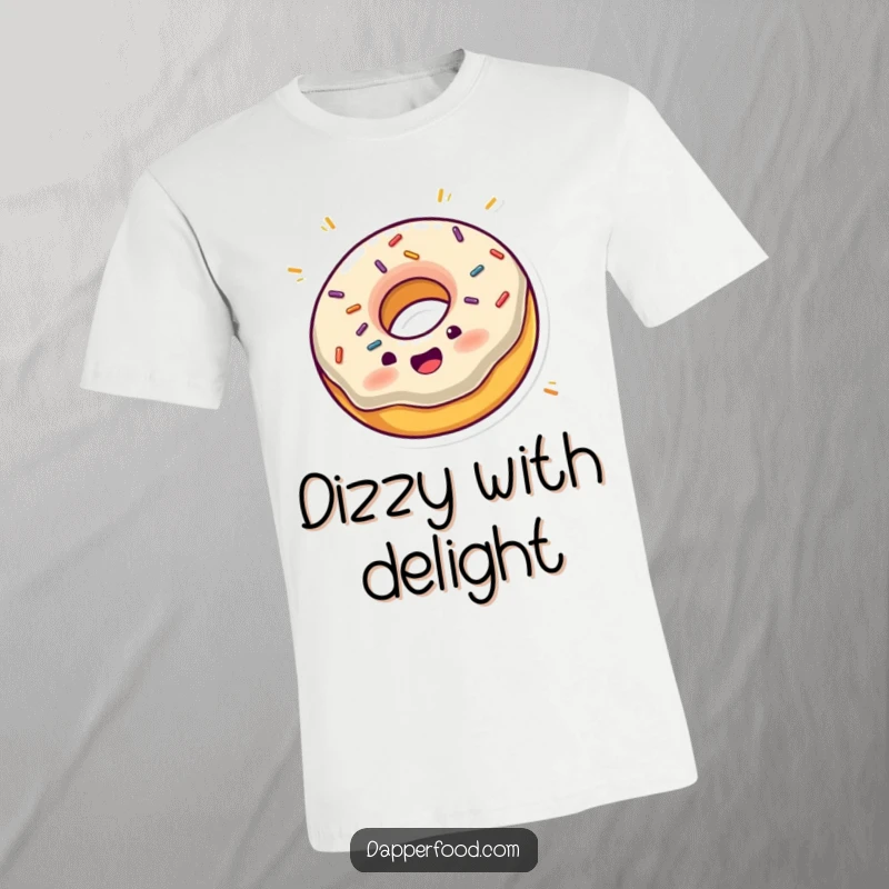 Funny t-shirt with an excited donut with sprinkles joyfully spinning on its edge, capturing playful movement.