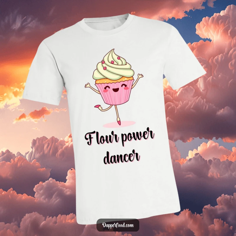 Funny t-shirt graphic of a happy cupcake with legs in a ballet pirouette pose, symbolizing sweetness and artistic flair.