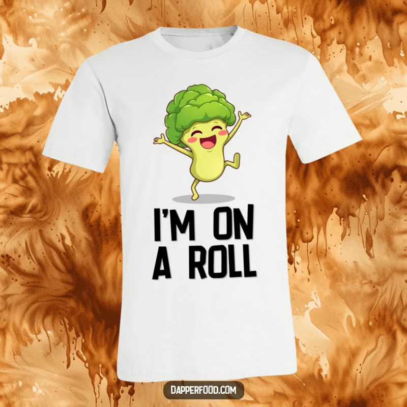 Funny broccoli character in a dynamic cartwheel pose, conveying pure glee and humor on a comfortable t-shirt.