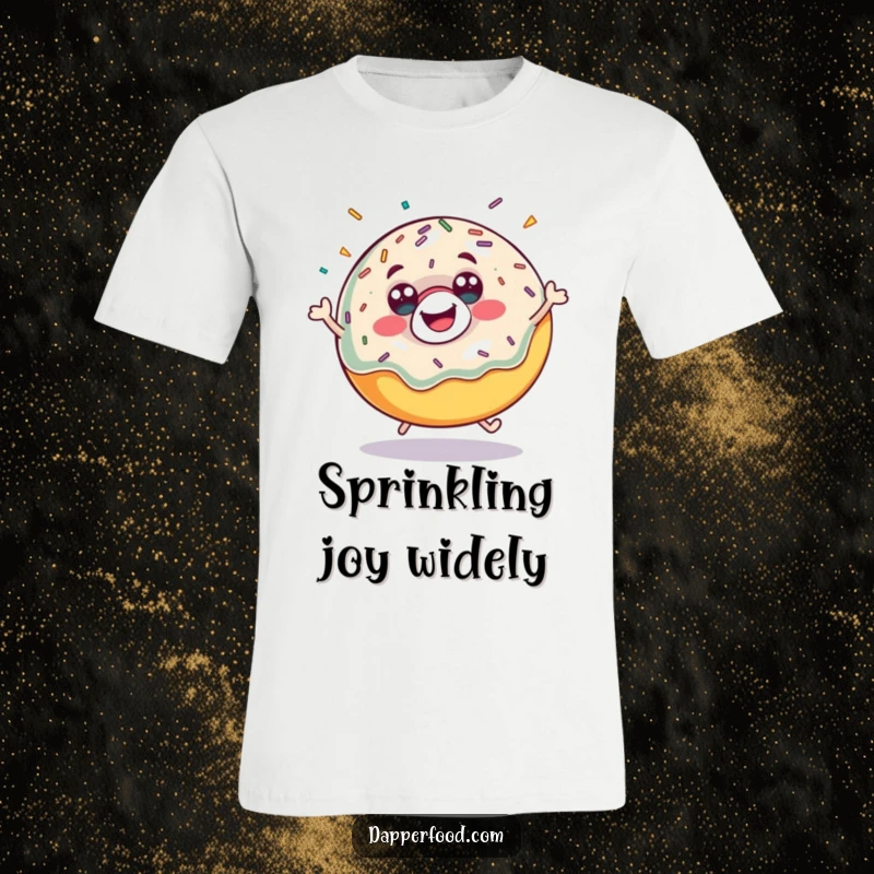 Funny donut t-shirt with sprinkles flying as it bounces enthusiastically, capturing a moment of sugary delight. A fantastic funny gift.