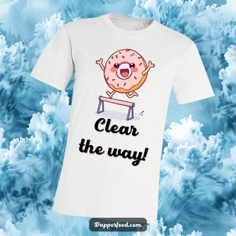 Funny t-shirt featuring a delighted, sprinkled donut character mid-leap over a hurdle, embodying playful energy and sweet determination. Great funny gift.
