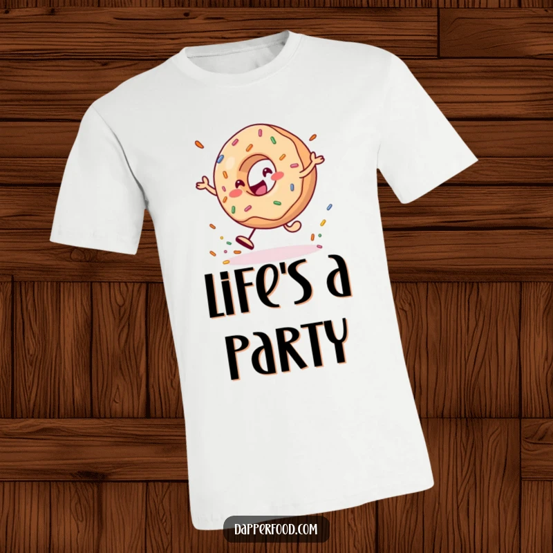Funny T-Shirt depicting a cheerful donut character energetically bouncing a large sprinkle, full of sweet energy.