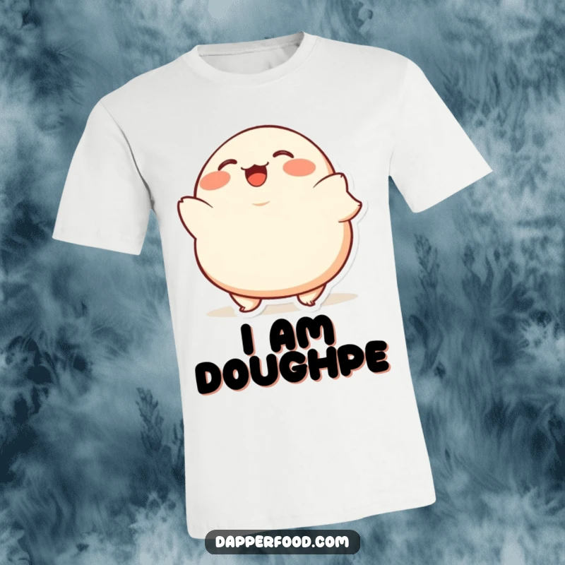 Funny Dumpling Bob T-Shirt depicting a plump, giggling dumpling character bobbing excitedly, radiating pure joy.