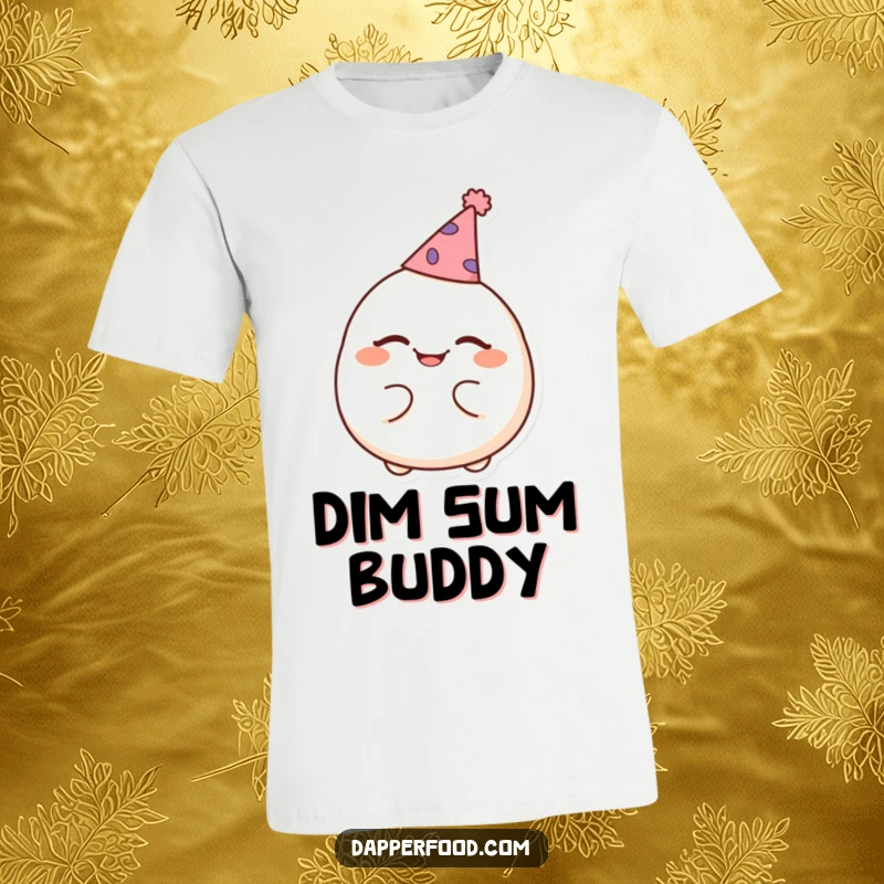 Funny t-shirt with a cheerful dumpling playfully winking while wearing a comically small party hat, looking very festive.