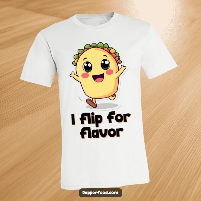 Funny t-shirt with a happy taco character doing a cartwheel, eyes wide with joy, showcasing energetic and cheerful food humor. Great gift.