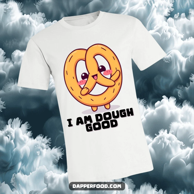 Funny Kawaii pretzel character joyfully wiggling its body on a t-shirt, radiating cartoonish fun and playful energy.
