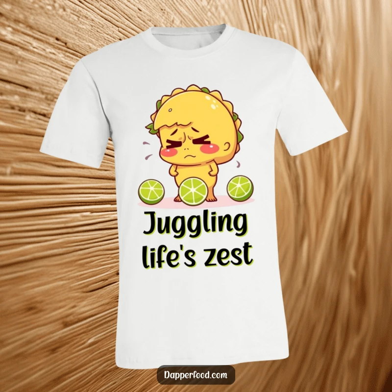Funny t-shirt featuring a nervous, sweating taco juggling three tiny limes, showcasing relatable chaos.
