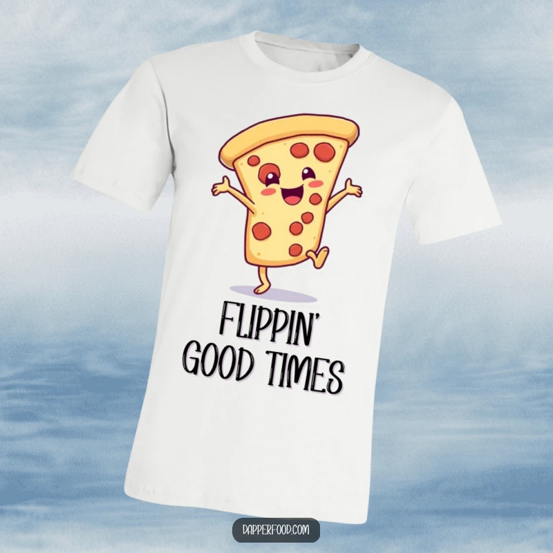 Funny T-Shirt depicting a cheerful pizza slice character doing a dramatic cartwheel, exuding playful energy.