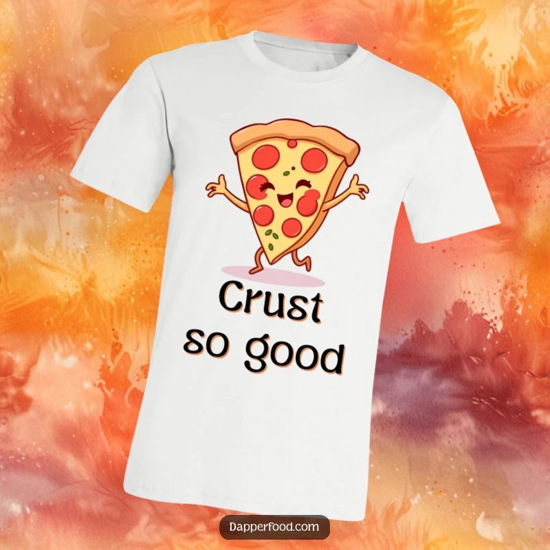 Funny pizza slice t-shirt, tiny legs performing an energetic flamenco dance, showcasing a humorous and expressive foodie character.