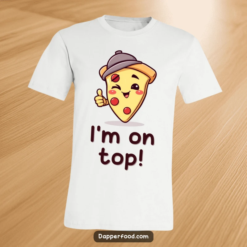 Funny t-shirt with a winking pizza slice character in a jaunty hat, attempting a handstand with playful determination. Great funny gift.