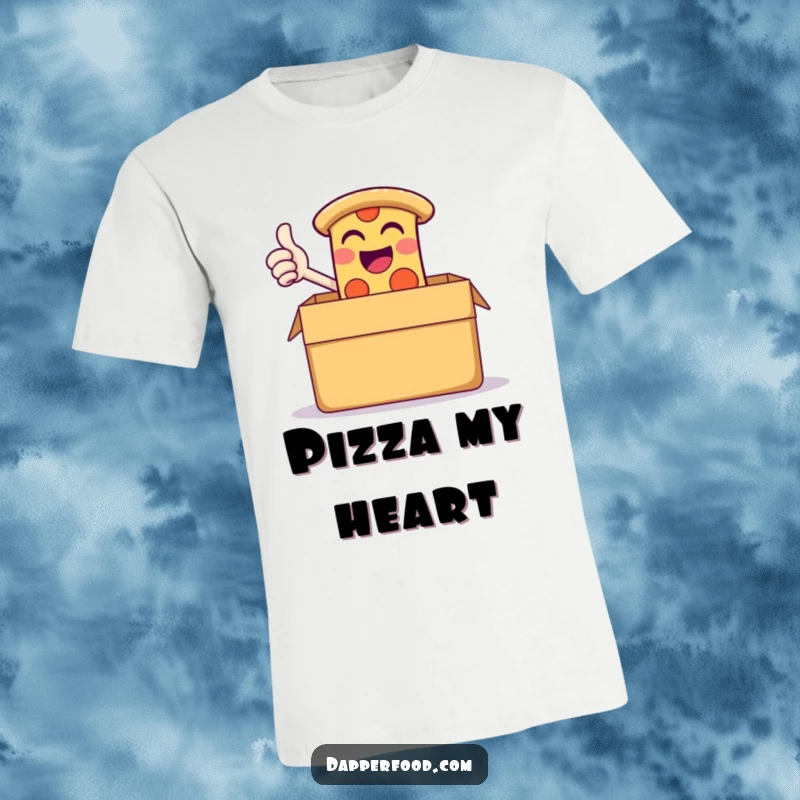 Funny t-shirt with a giggling slice of pizza giving a triumphant thumbs-up from within a giant pizza box, looking very pleased.